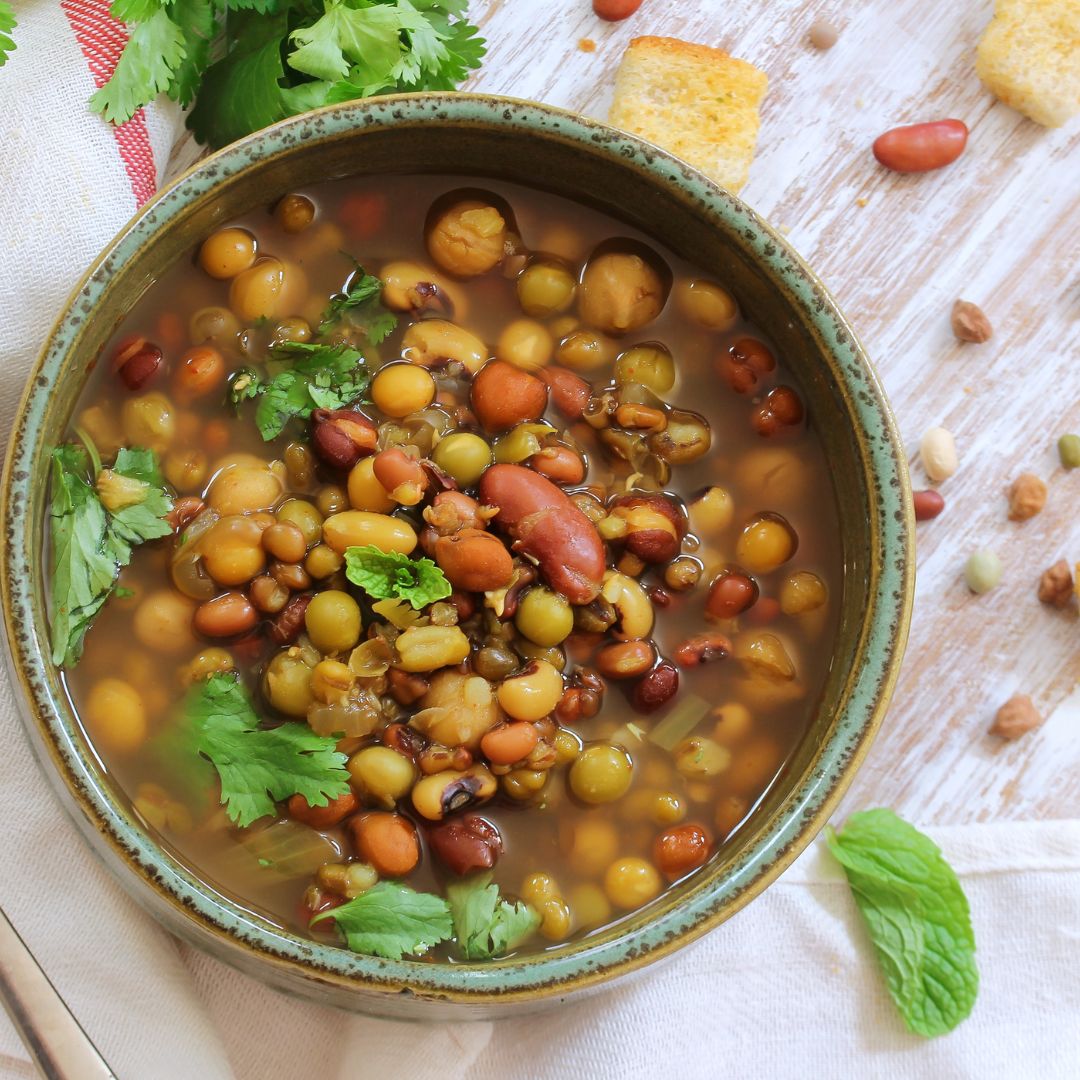 One-pot stew with beef or beans, root vegetables and greens for a high-fibre, high-protein meal.