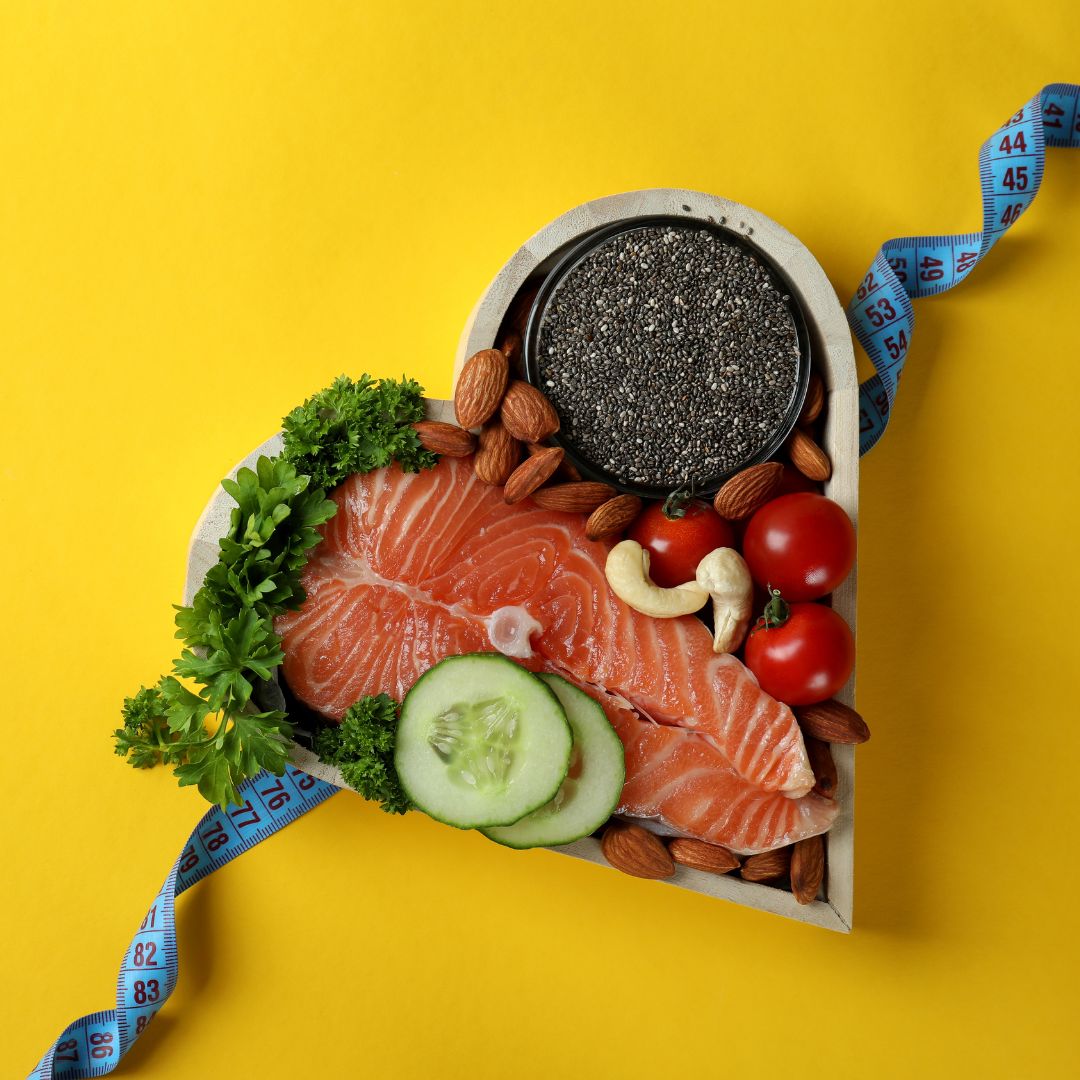 Heart-healthy meal with vegetables, wholegrains, olive oil and oily fish