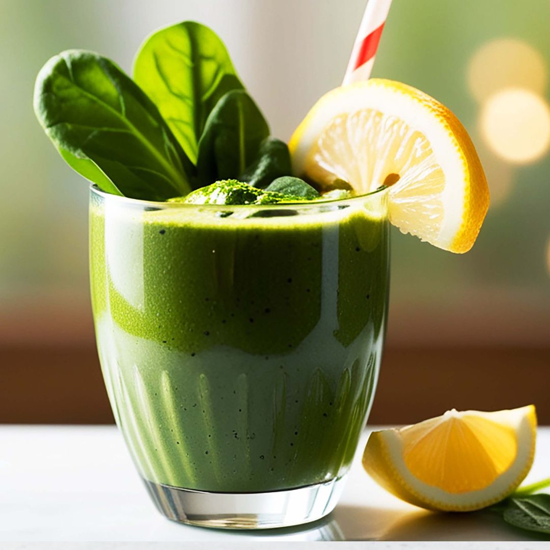 “Glass of green smoothie surrounded by fresh vegetables, highlighting whole foods over detox fads.”