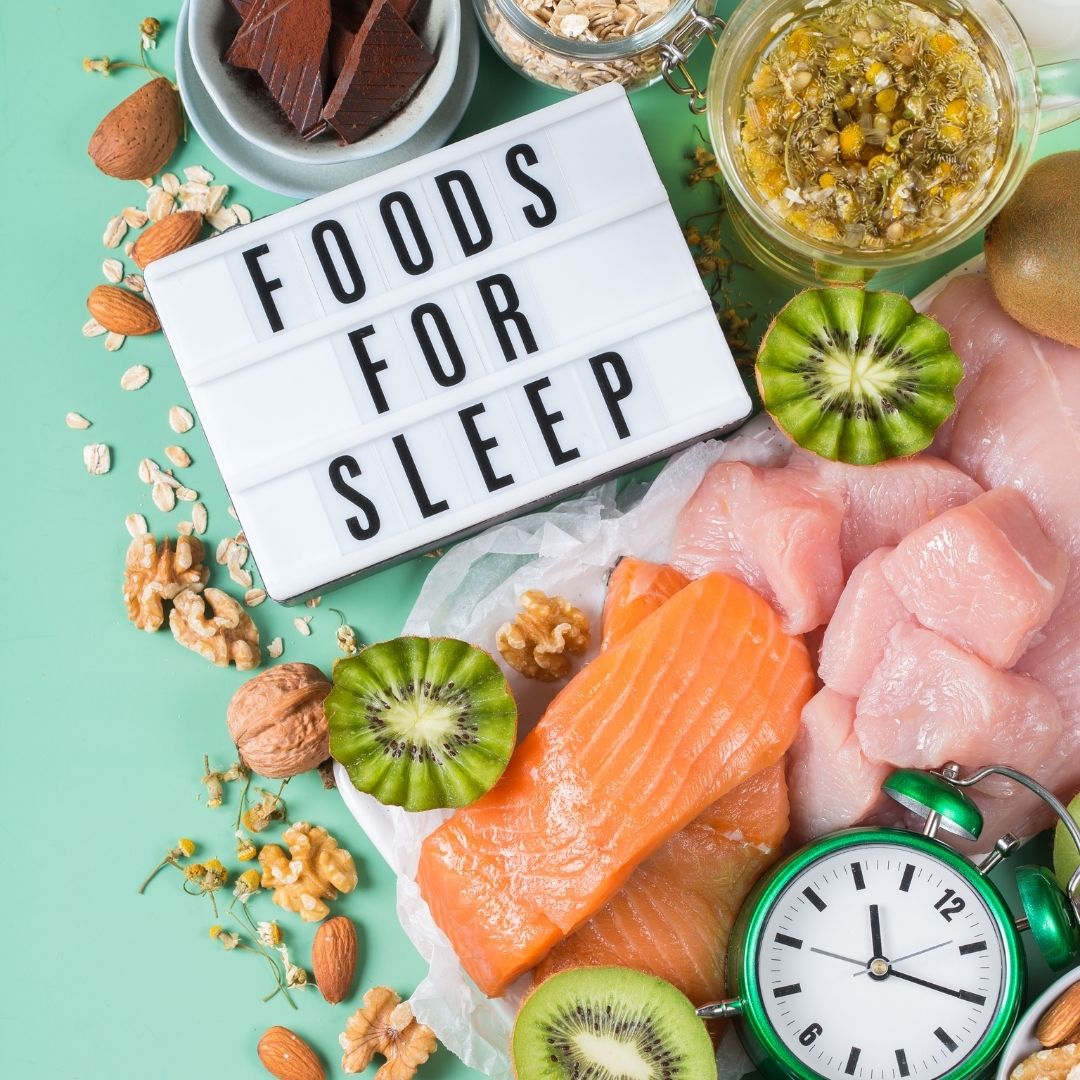 Mediterranean-style foods including eggs, fish, wholegrains, fruit, nuts and seeds representing nutrition and sleep health.
